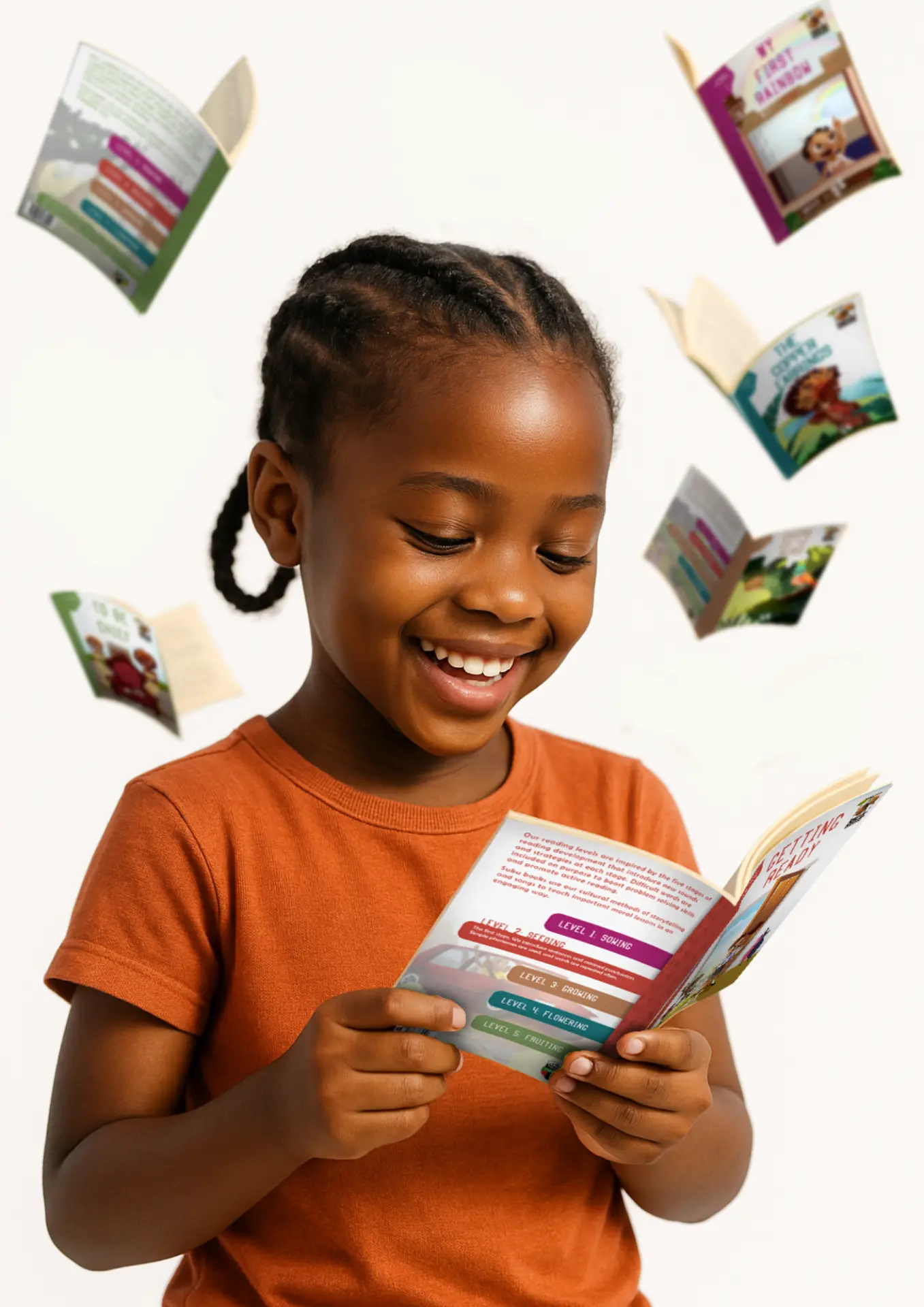 A young girl smiling as she reads a picture book, with storybooks floating around her